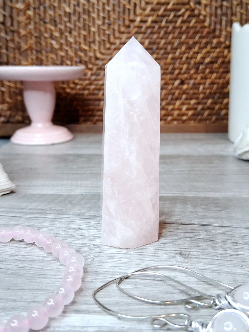 Rose Quartz Tower Bracelet & Drop Earrings Gift Set, 3 Piece Crystal Bundle